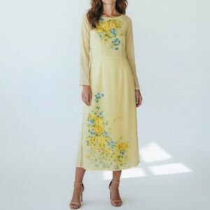 Vintage Ao Dai Yellow Hand Painted Floral Long Sleeve sheer Dress